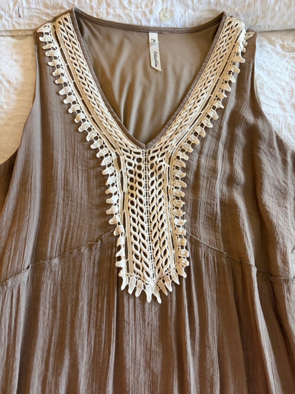 Maeve Taupe Tank Top with Cream Crochet V-Neck